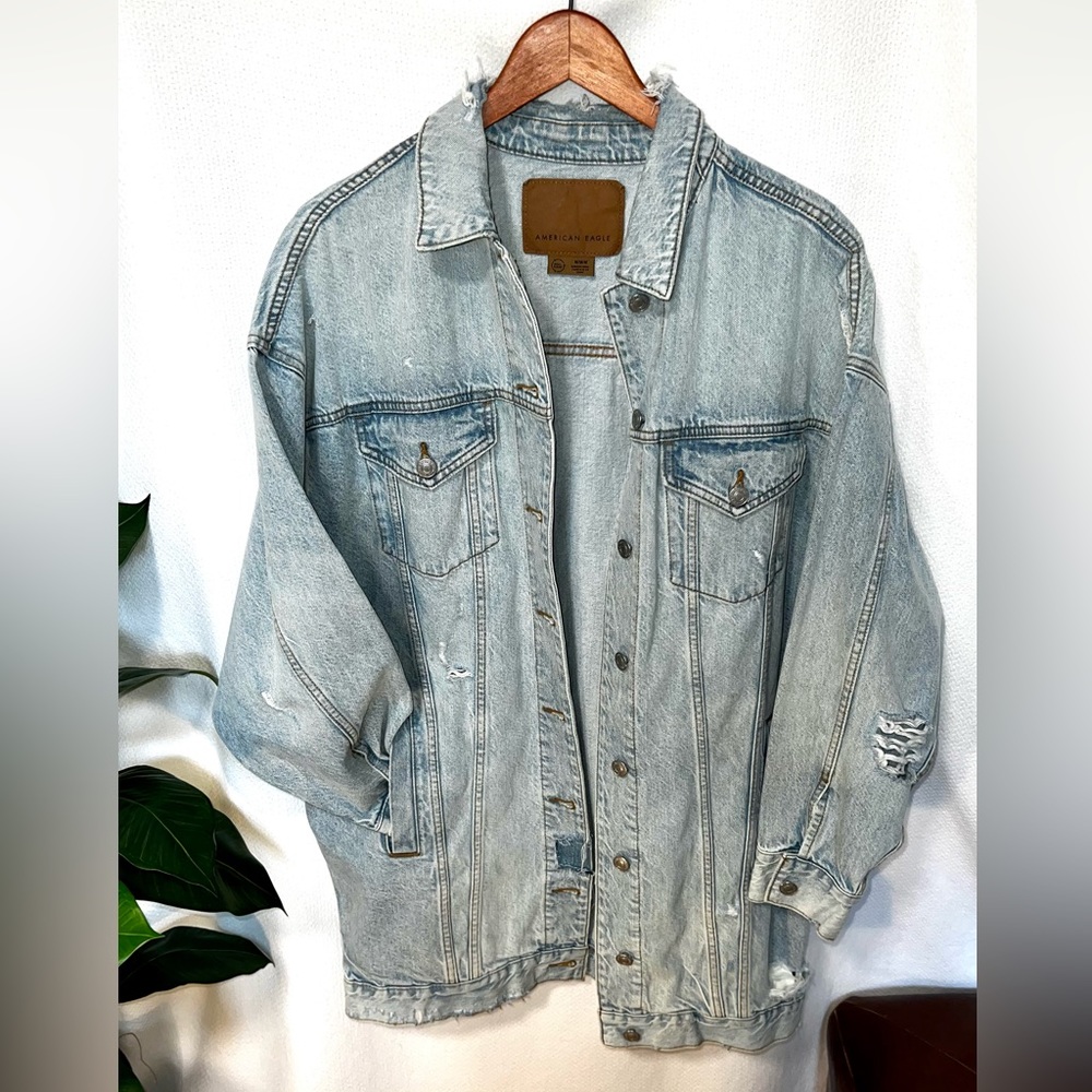 American Eagle Distressed Long Jean Jacket
